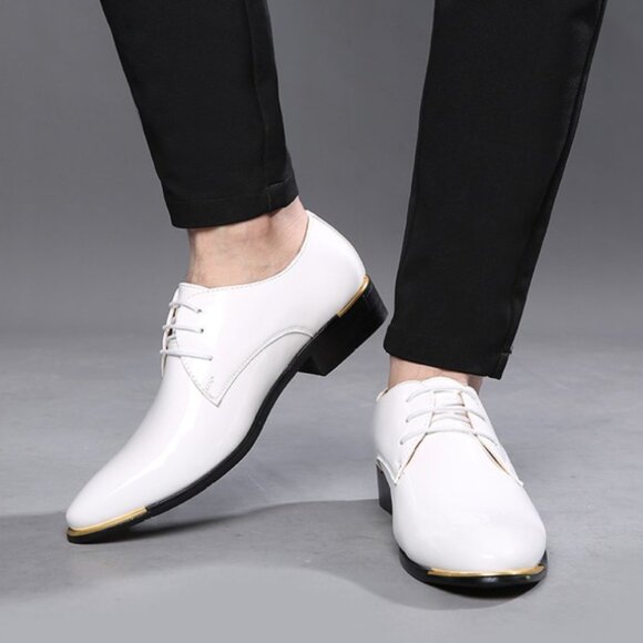 Santimon Men's US 8, 10 White Patent Leather Lace Up Pointed Toe Oxford Shoes - Picture 10 of 11